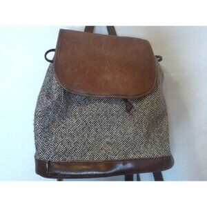 VTG LL Bean Leather Backpack Tote Drawstring Bucket Bag Tweed